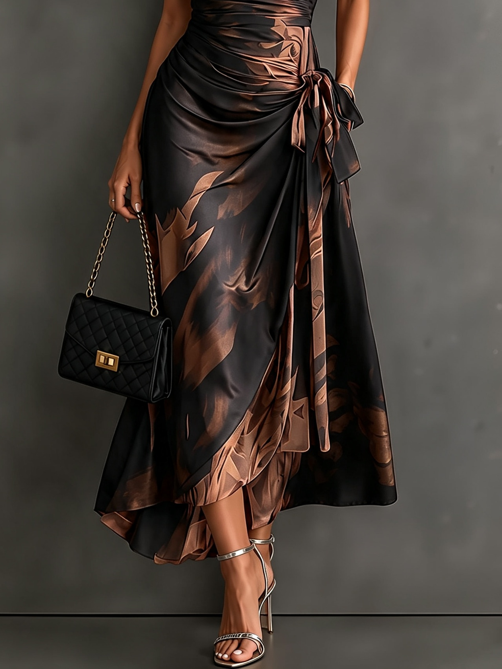 Rosalie | Robe Midi Croisée à Imprimé Abstrait, Col V, Manches Courtes, Ceinture et Ourlet Asymétrique à Volant