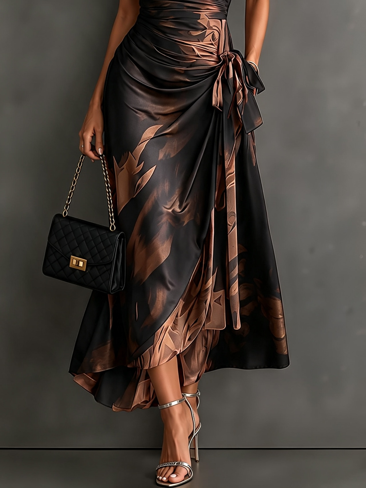 Rosalie | Robe Midi Croisée à Imprimé Abstrait, Col V, Manches Courtes, Ceinture et Ourlet Asymétrique à Volant
