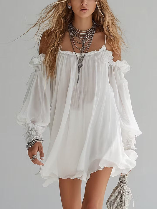 Robe Mini Flottante Style Bohème avec Épaules Découvertes