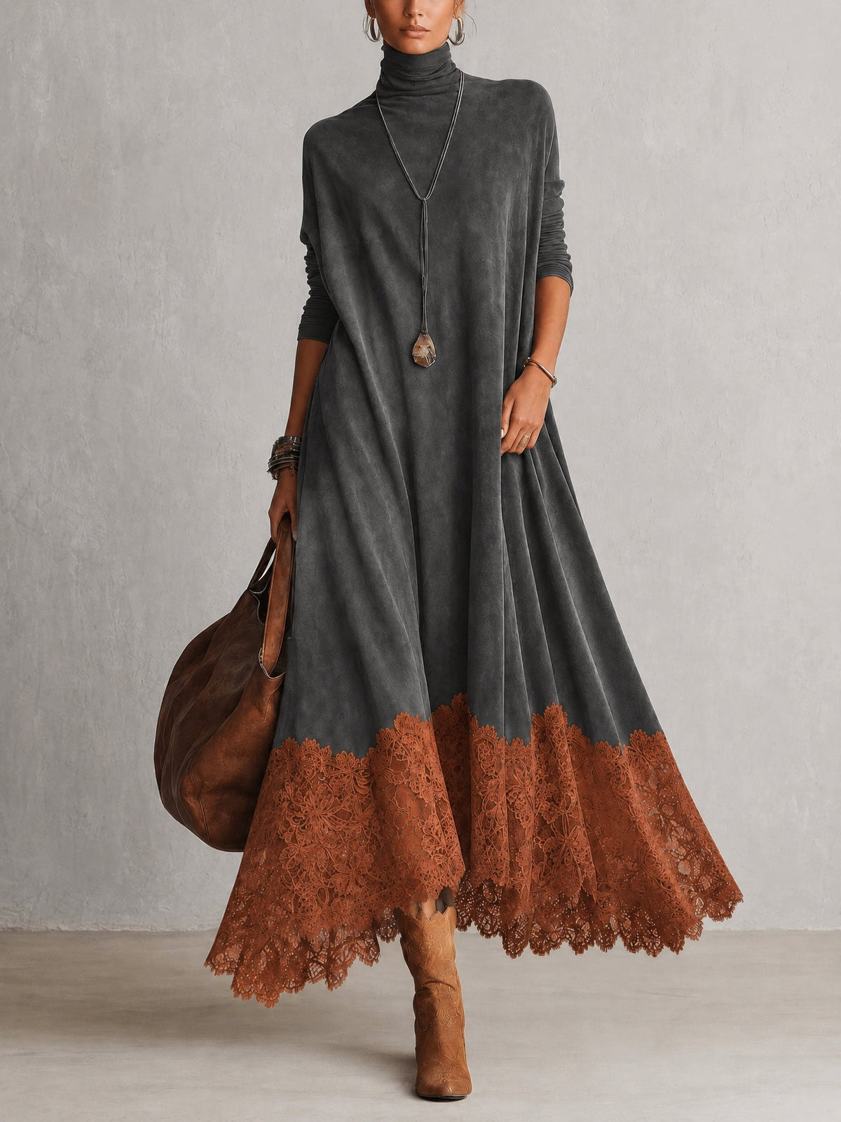 Vestido largo vintage marrón de efecto ante con mangas largas y bajo de encaje
