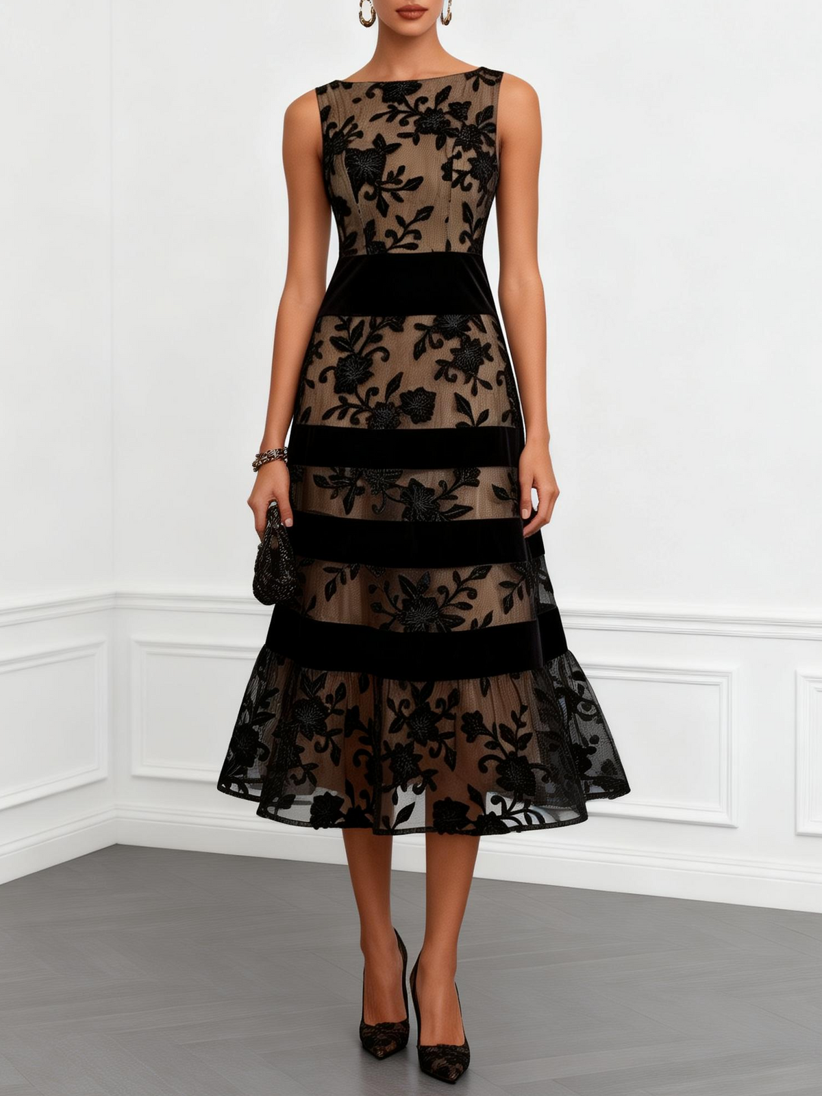 Robe midi noire sans manches en résille à fleurs, coupe trapèze