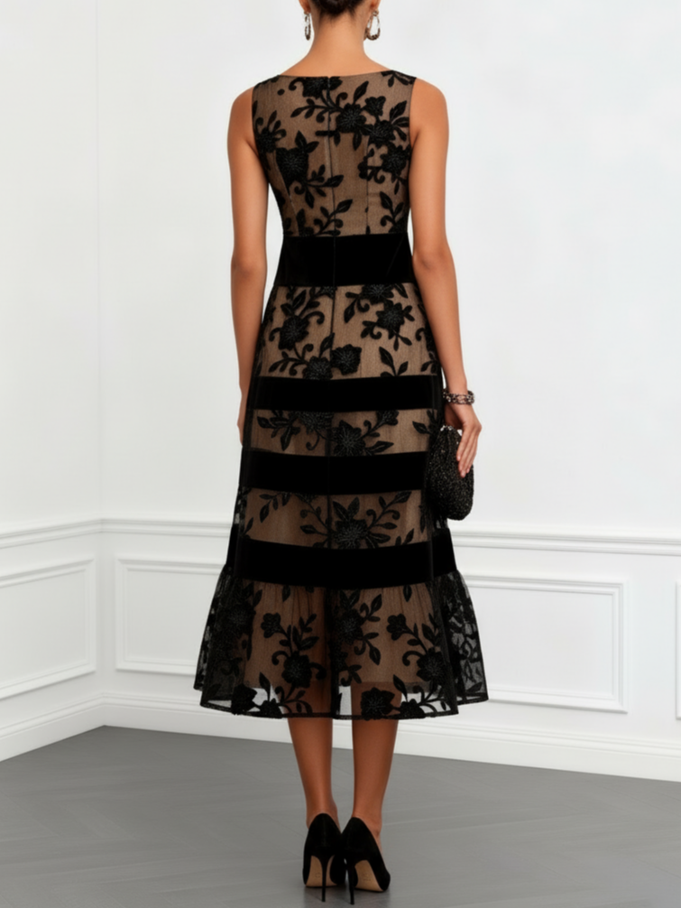 Robe midi noire sans manches en résille à fleurs, coupe trapèze