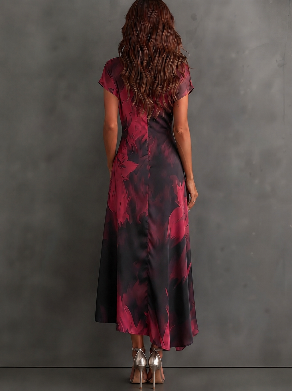 Rosalie | Robe Midi Croisée à Imprimé Abstrait, Col V, Manches Courtes, Ceinture et Ourlet Asymétrique à Volant