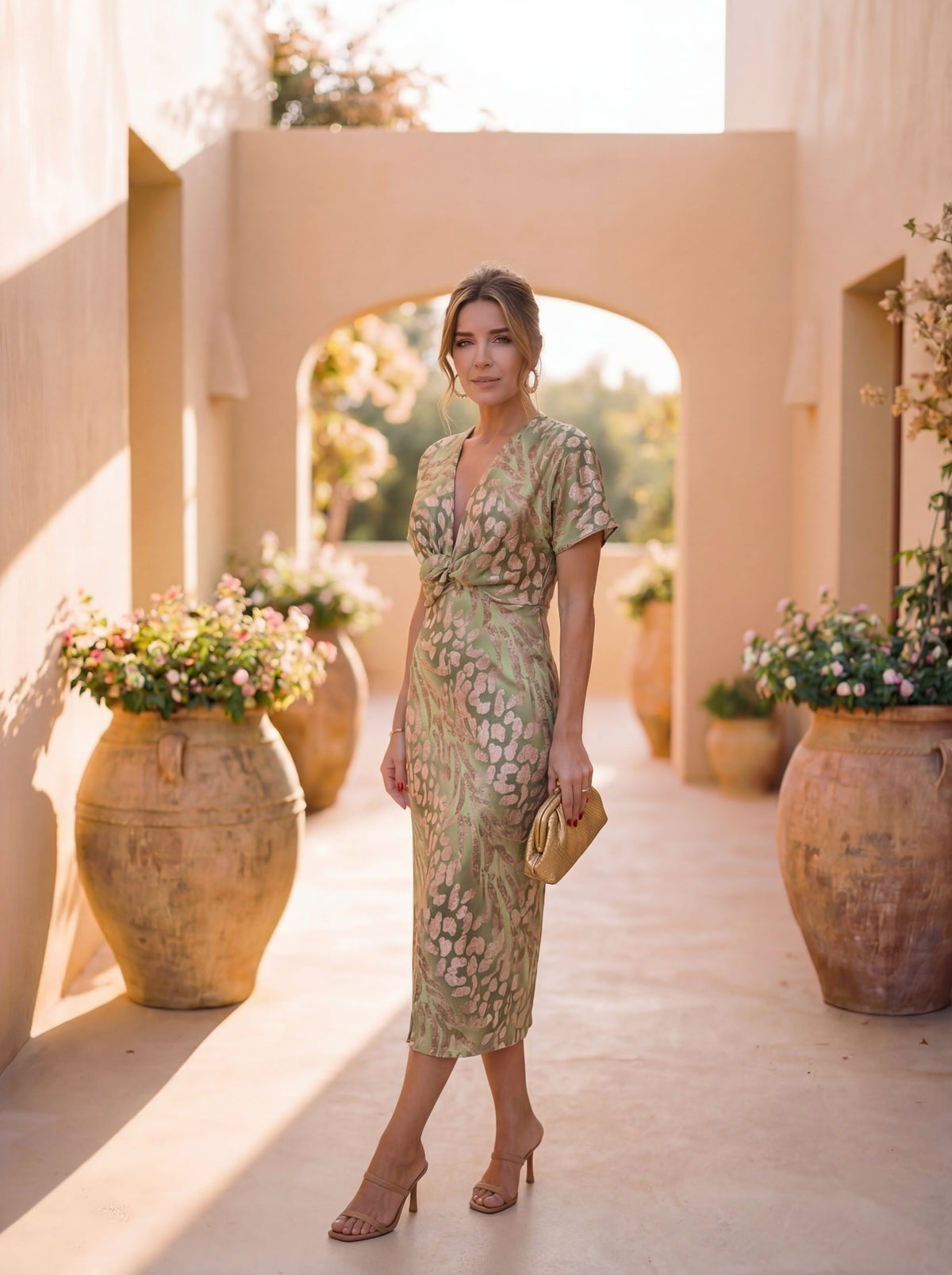 Robe midi effet sculptant avec nœud central et tombé fluide
