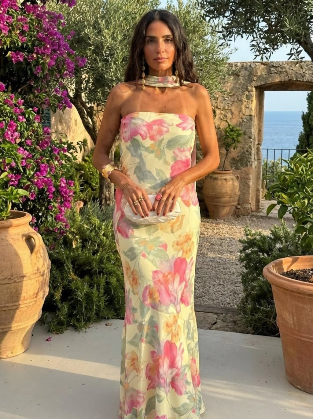 Robe longue bustier fleurie effet aquarelle