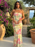 Robe longue bustier fleurie effet aquarelle