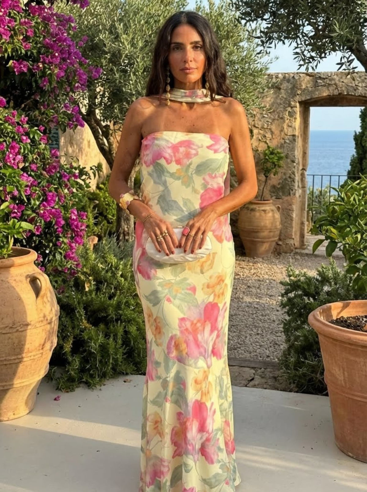 Robe longue bustier fleurie effet aquarelle