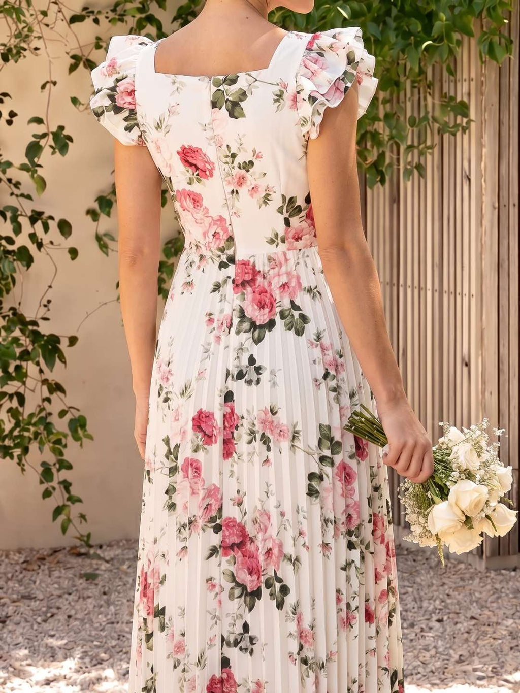Robe midi fleurie plissée à volants