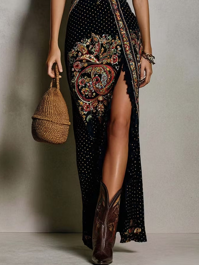 Robe Bohémienne à Imprimé Ethnique et Décolleté en V Profond