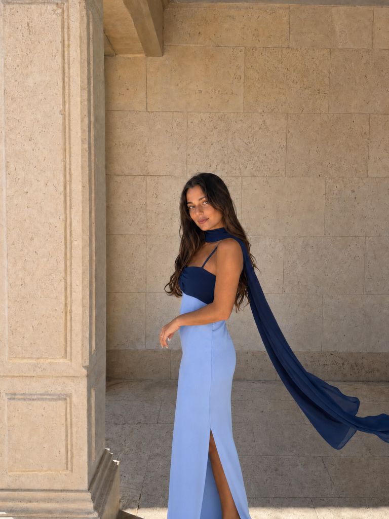 Robe longue drapée bicolore