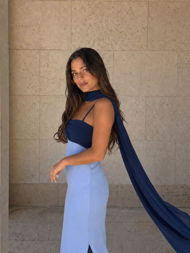 Robe longue drapée bicolore