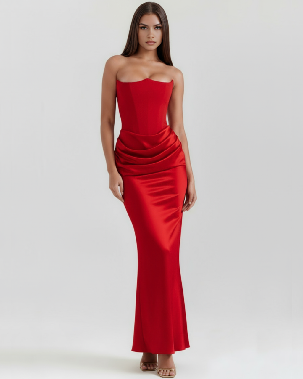 Robe longue satinée avec décolleté bustier