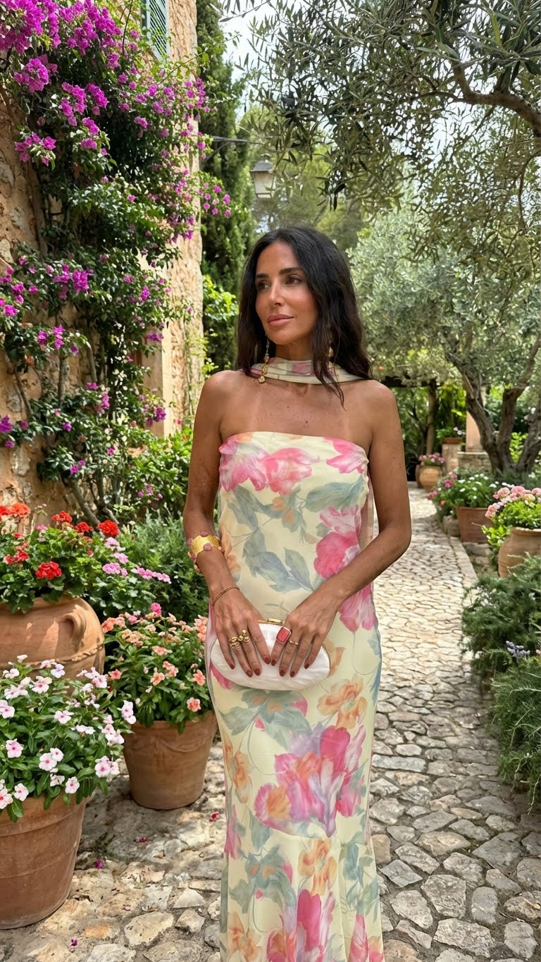 Robe longue bustier fleurie effet aquarelle