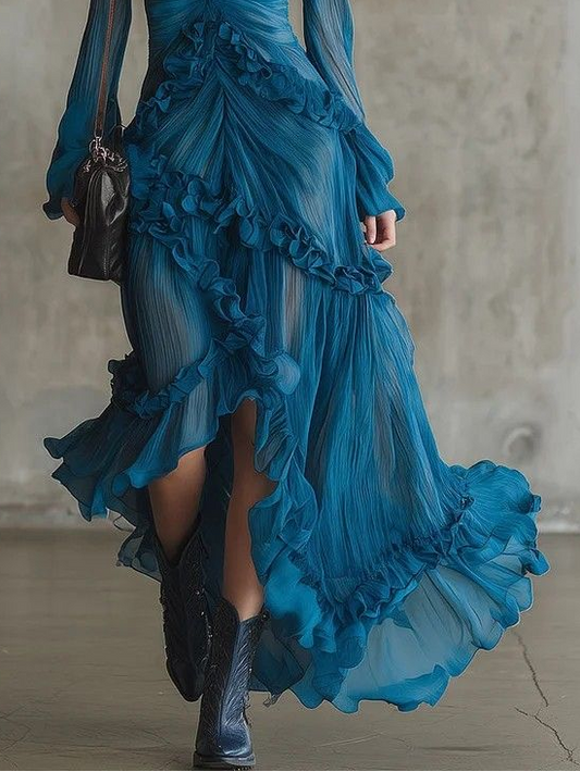 Freya – Robe en chiffon bleu à volants