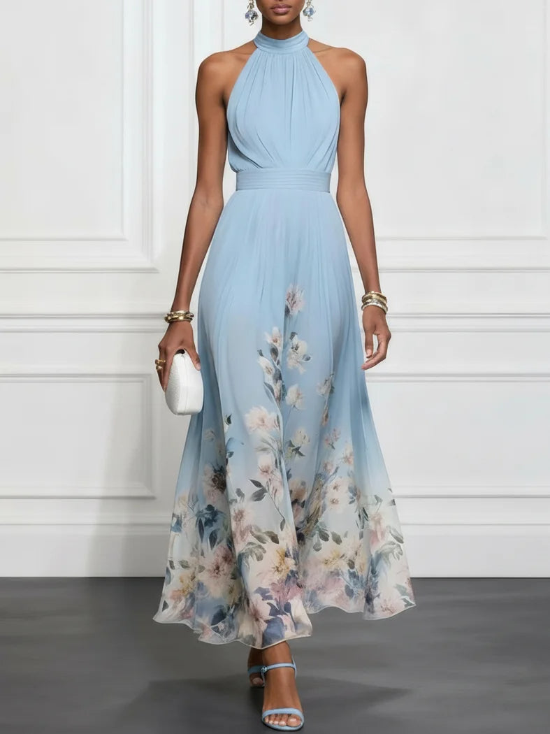 Rosalyn | Robe maxi en chiffon bleu à fleurs