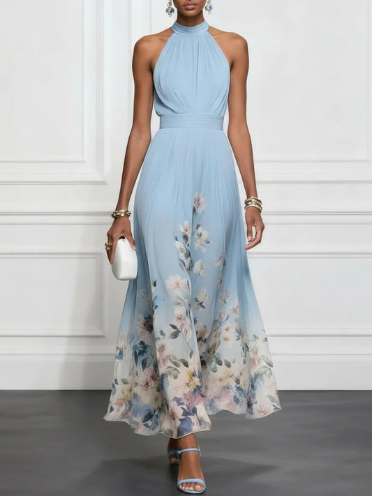 Rosalyn | Robe maxi en chiffon bleu à fleurs