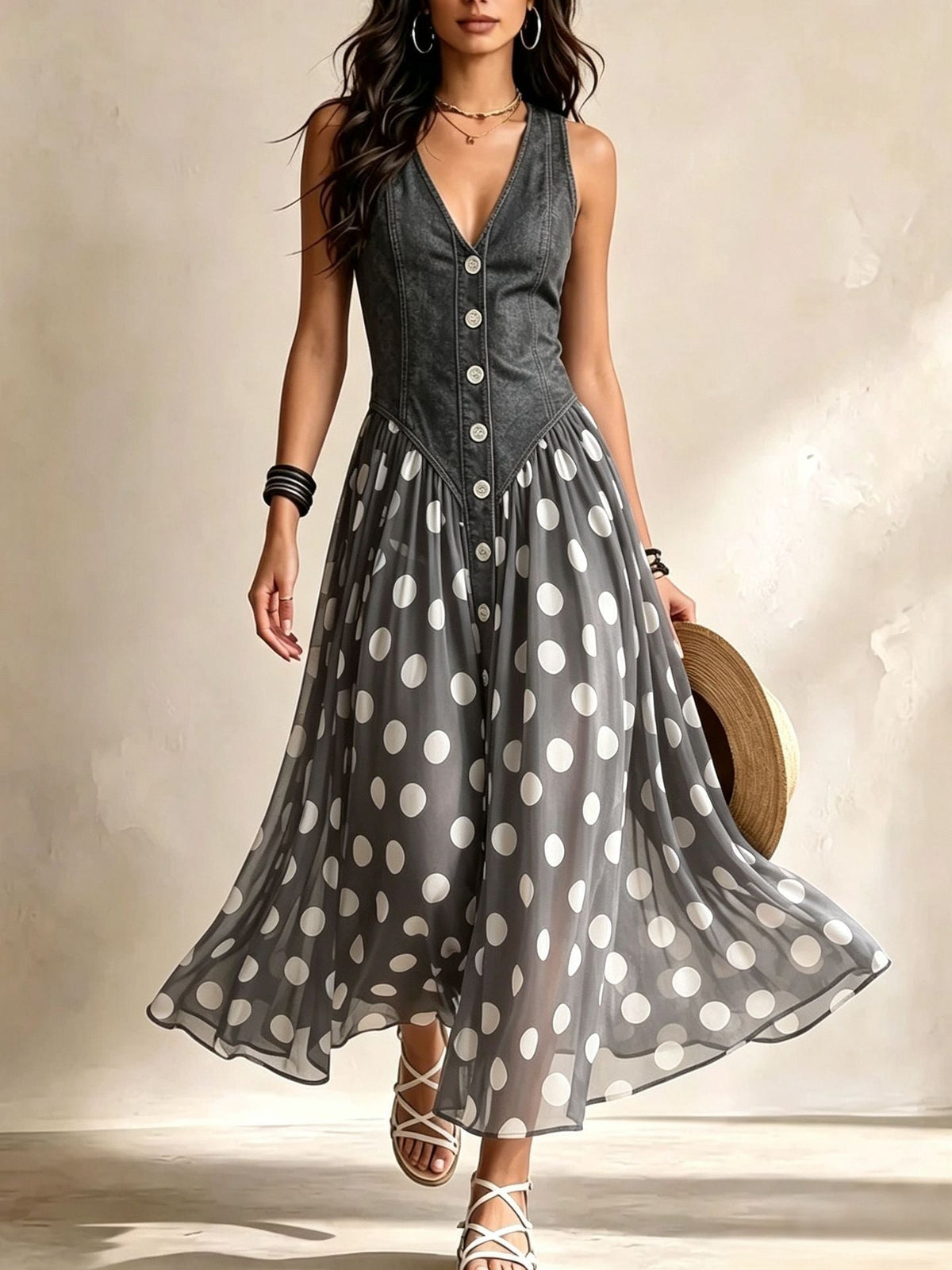 Adeline | Robe Longue en Jean à Pois