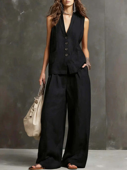Ensemble Deux Pièces avec Gilet Sans Manches et Pantalon Large
