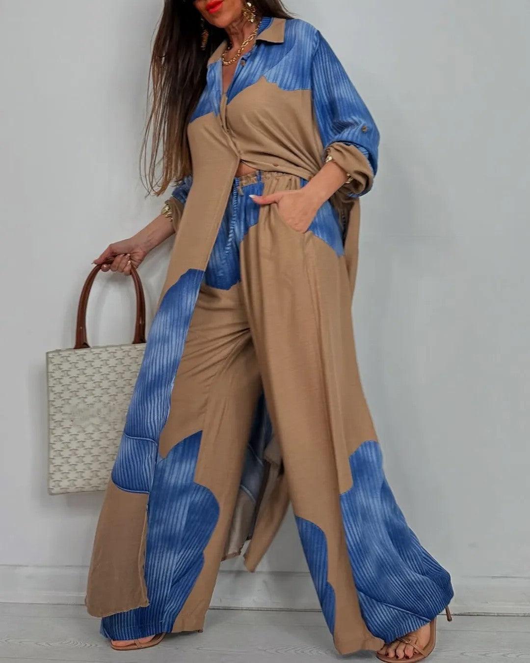 Ensemble décontracté pour femme avec haut patchwork à col V et pantalon