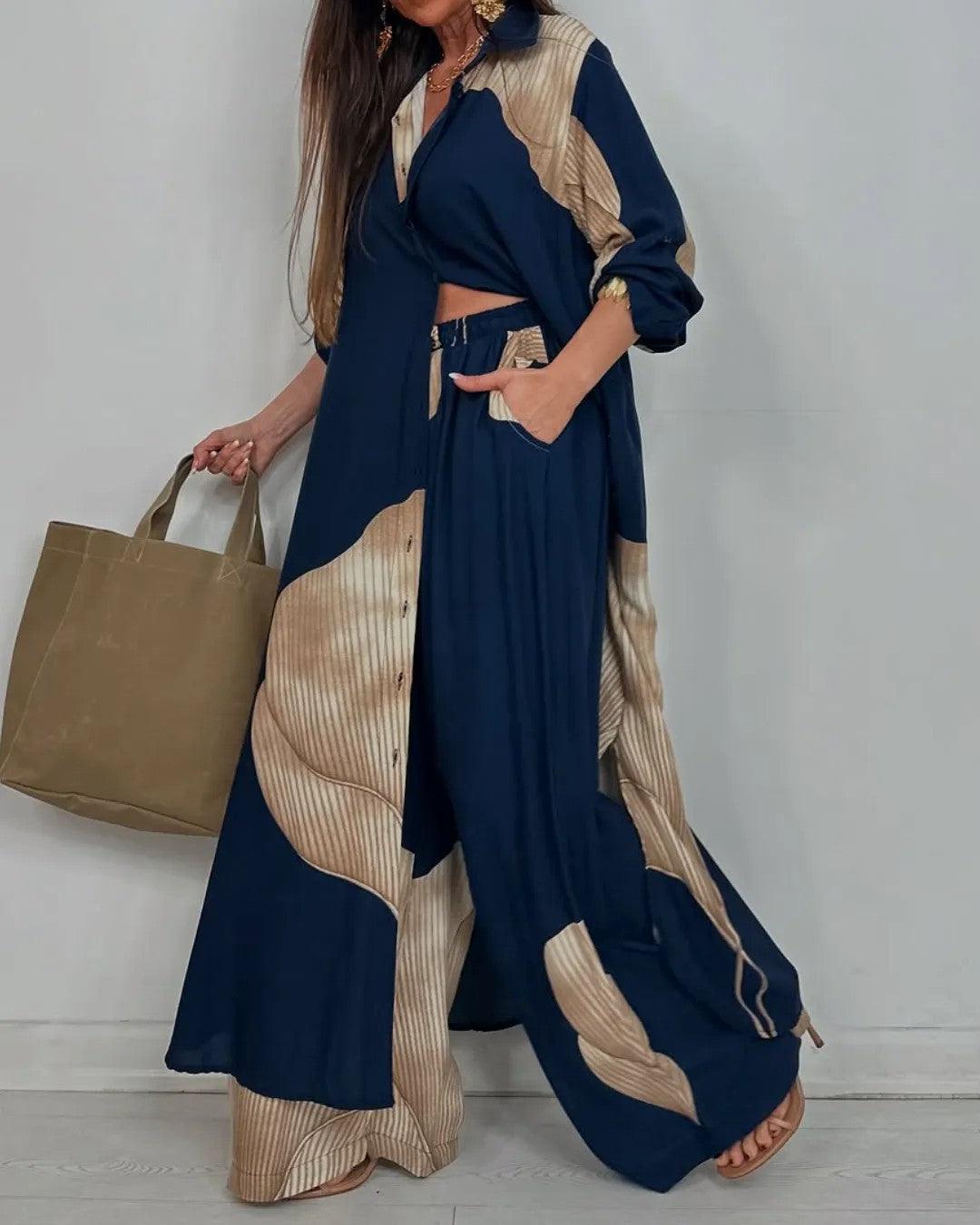 Ensemble décontracté pour femme avec haut patchwork à col V et pantalon