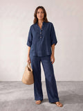 Ensemble en lin avec manches chauve-souris et pantalon large