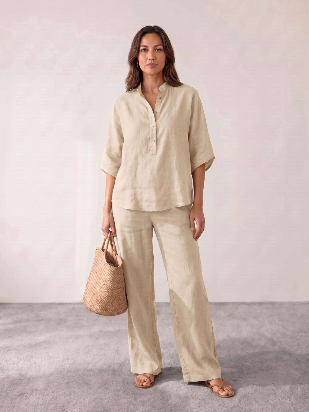 Ensemble en lin avec manches chauve-souris et pantalon large