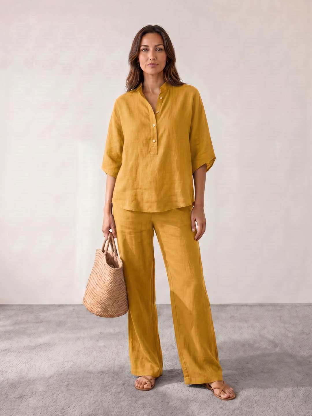 Ensemble en lin avec manches chauve-souris et pantalon large