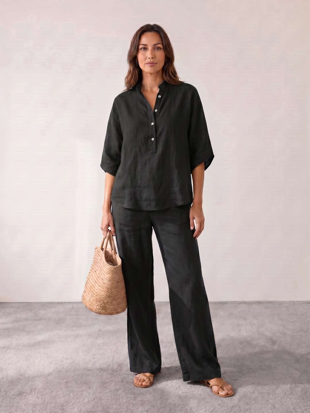 Ensemble en lin avec manches chauve-souris et pantalon large