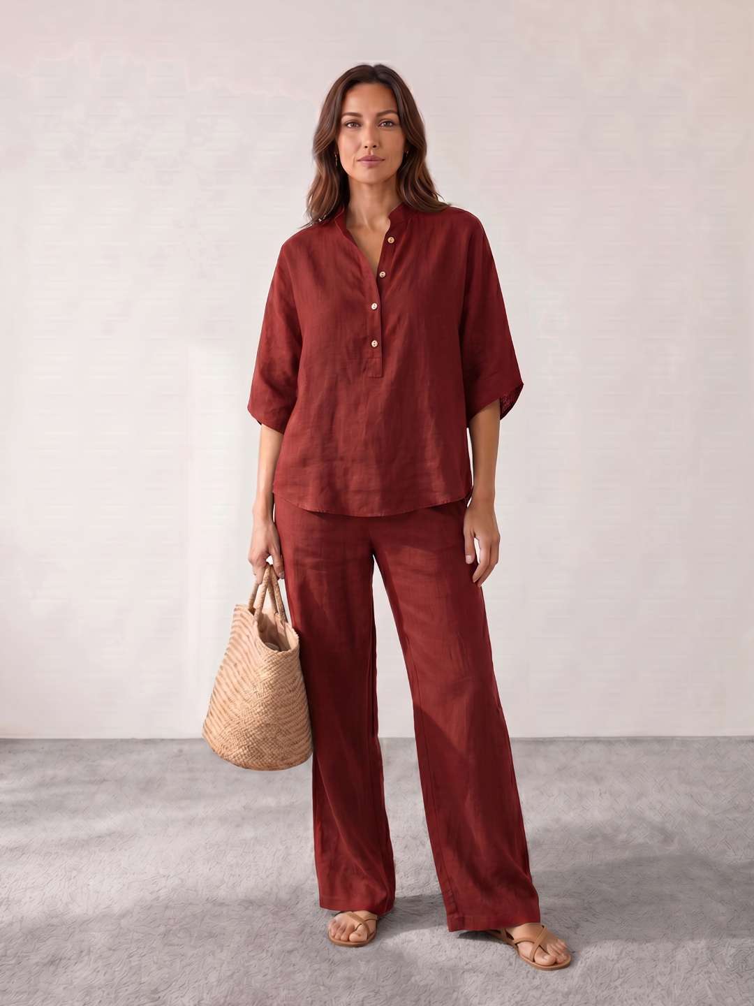 Ensemble en lin avec manches chauve-souris et pantalon large