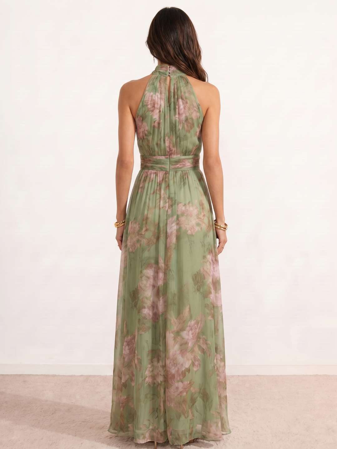Robe longue à col dos nu et imprimé floral