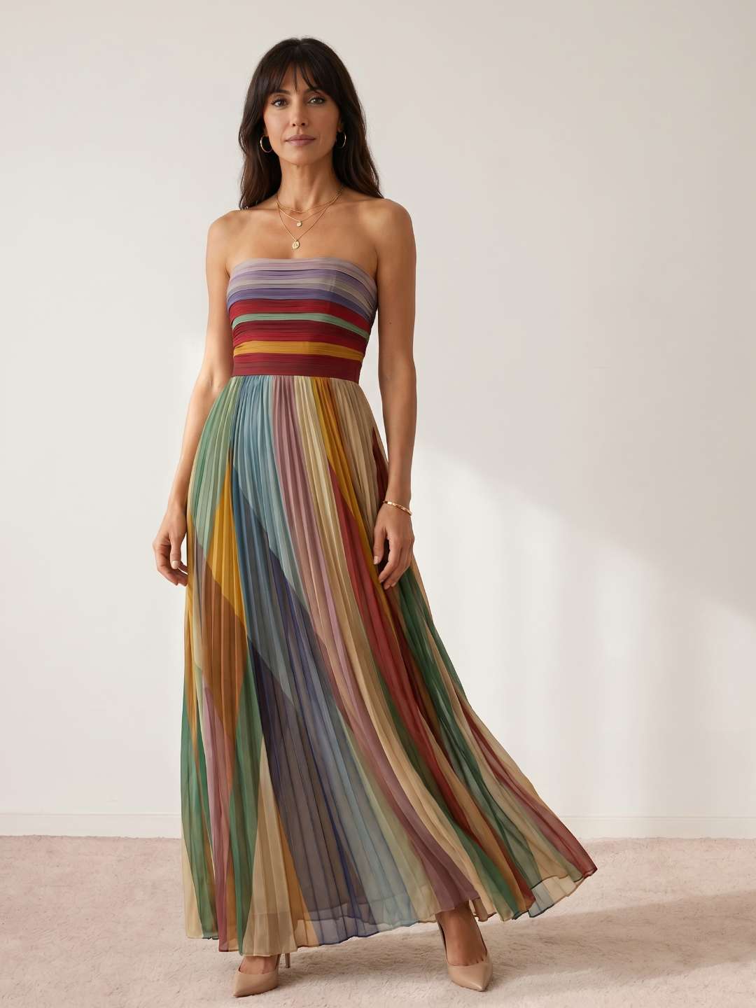 Robe longue plissée multicolore