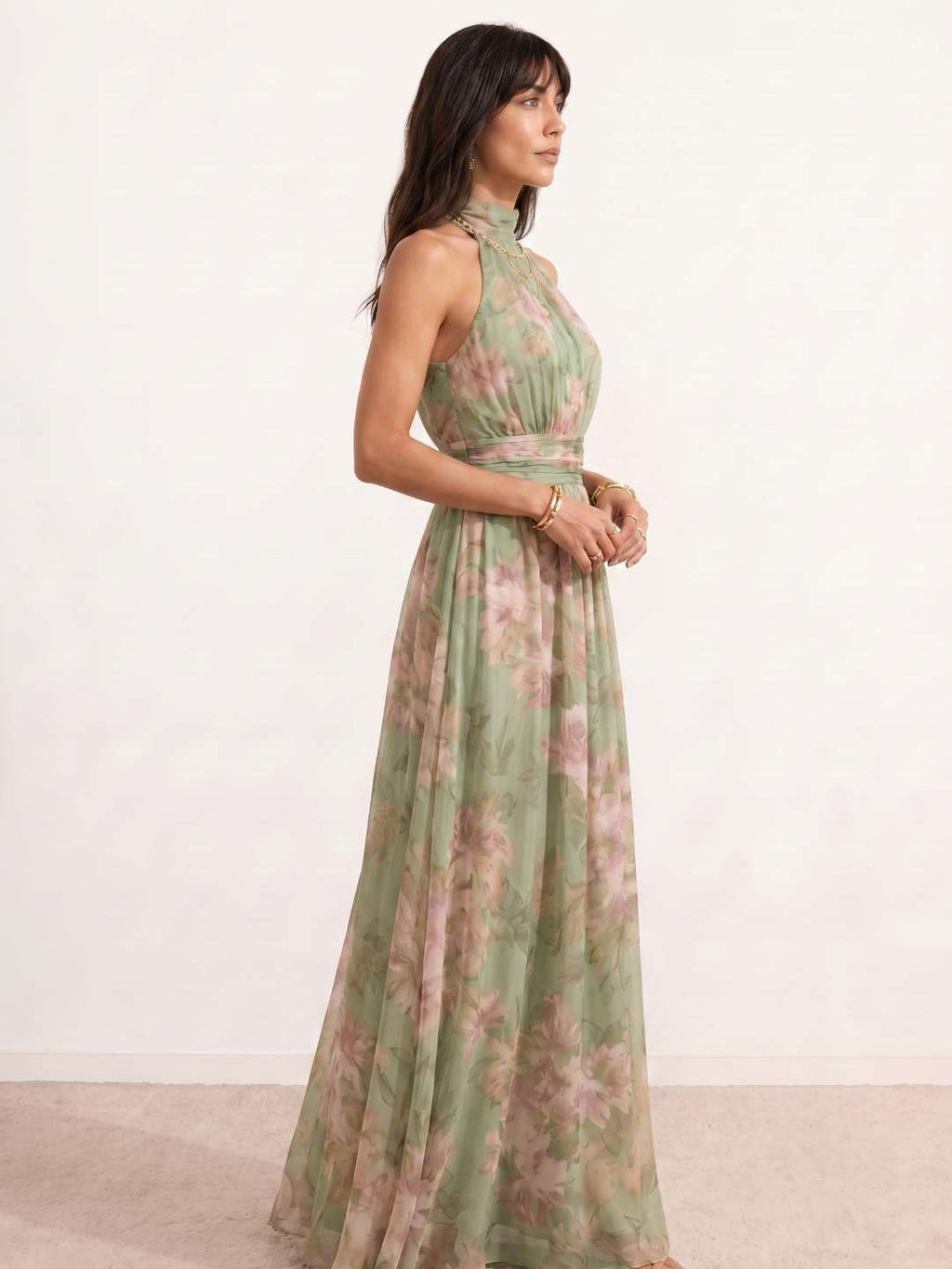 Robe longue à col dos nu et imprimé floral