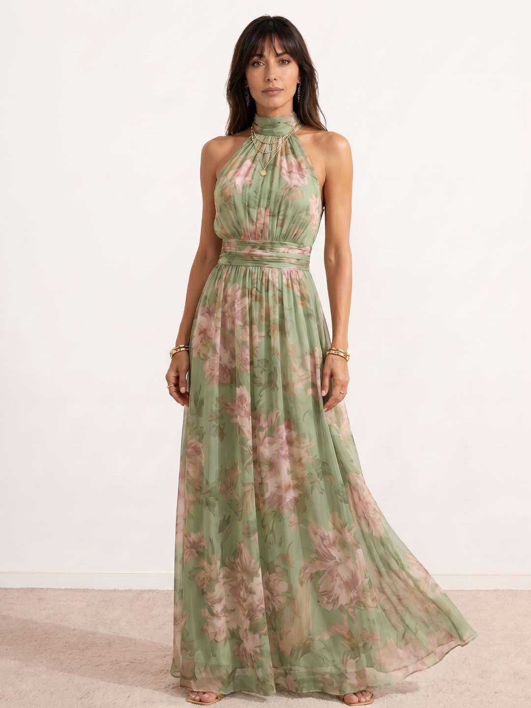 Robe longue à col dos nu et imprimé floral