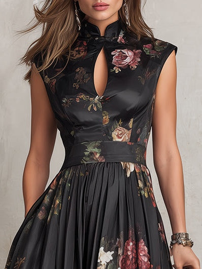 Robe Midi Noire en Satin Plissé avec Décolleté Keyhole