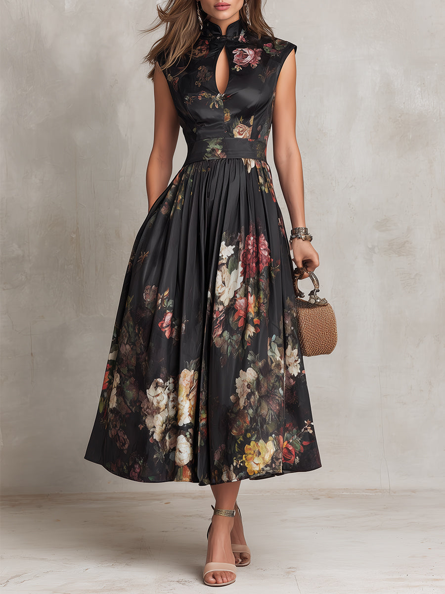 Robe Midi Noire en Satin Plissé avec Décolleté Keyhole