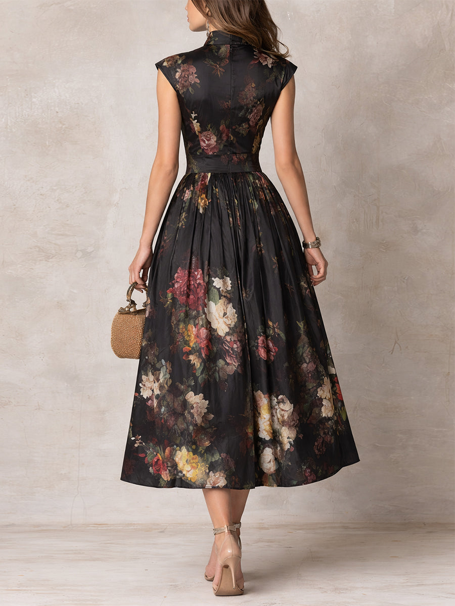 Robe Midi Noire en Satin Plissé avec Décolleté Keyhole