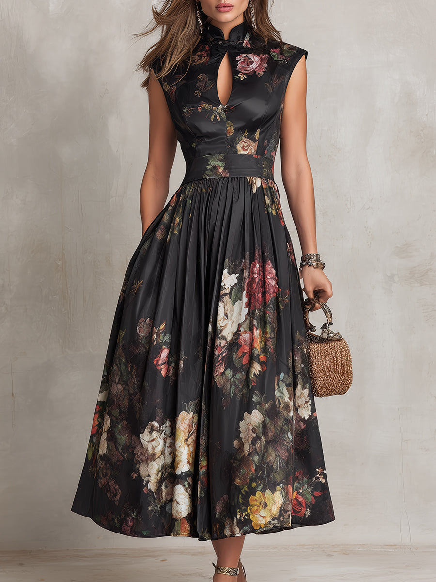 Robe Midi Noire en Satin Plissé avec Décolleté Keyhole