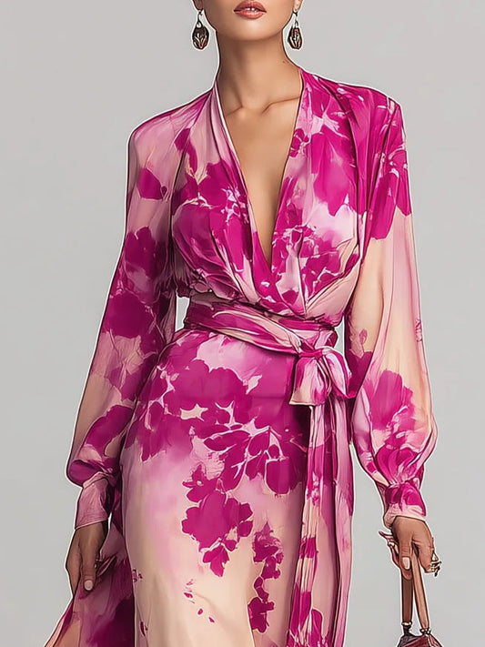 Julia | Robe maxi décolletée en V avec fleurs et ceinture