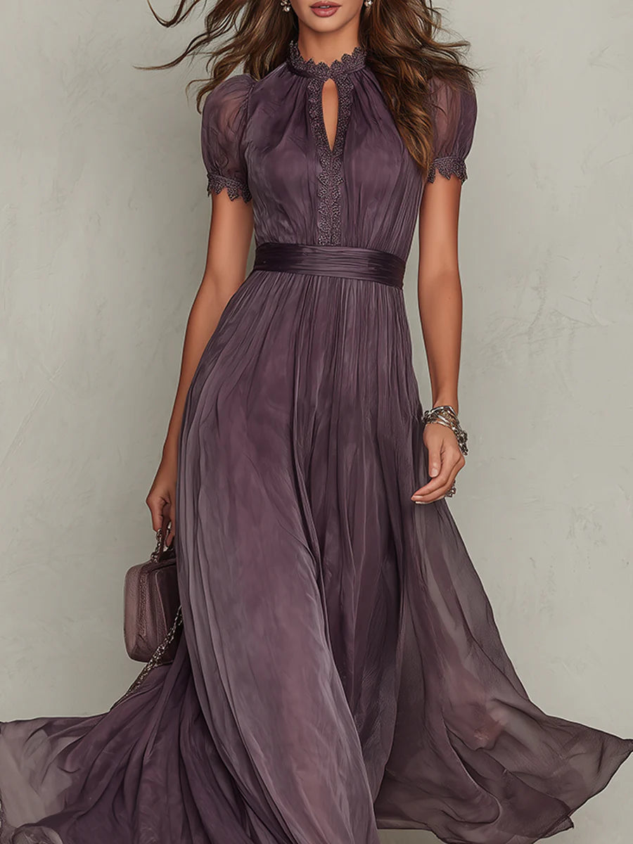 Robe Maxi Mauve en Mousseline avec Ouverture au Col