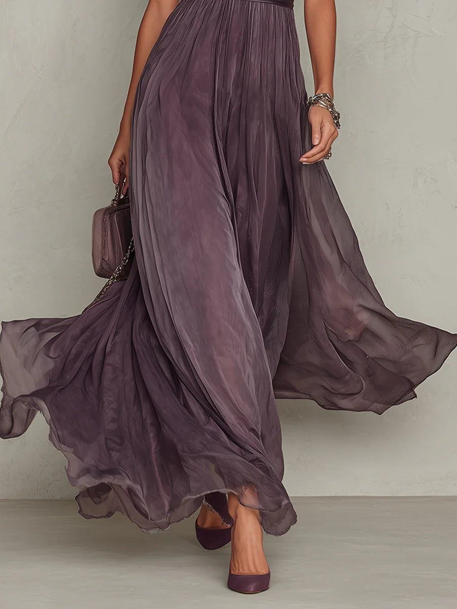 Robe Maxi Mauve en Mousseline avec Ouverture au Col