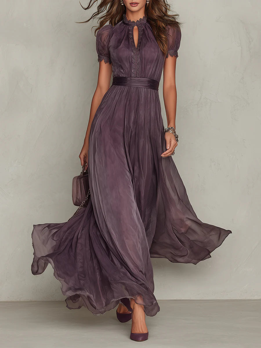 Robe Maxi Mauve en Mousseline avec Ouverture au Col