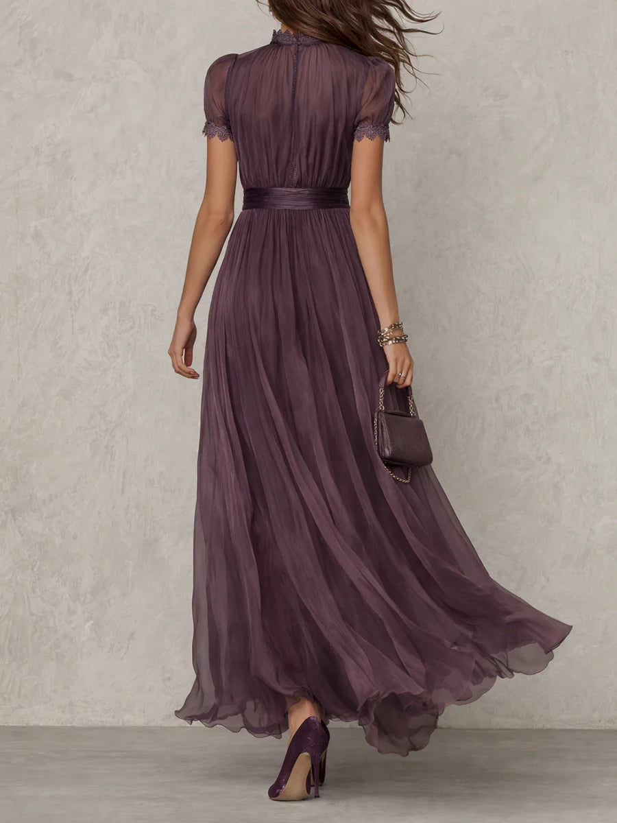 Robe Maxi Mauve en Mousseline avec Ouverture au Col
