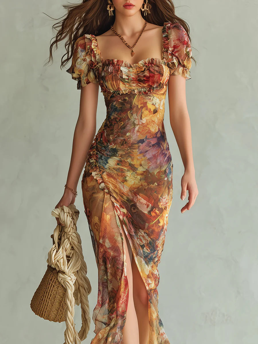 Robe Maxi Orange en Mousseline à Imprimé Peinture à l'Huile