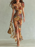 Robe Maxi Orange en Mousseline à Imprimé Peinture à l'Huile