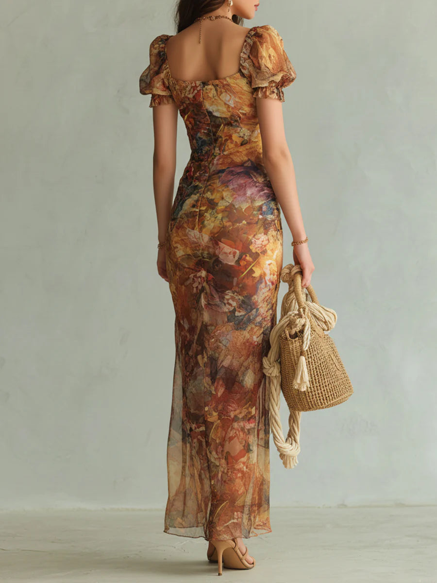 Robe Maxi Orange en Mousseline à Imprimé Peinture à l'Huile
