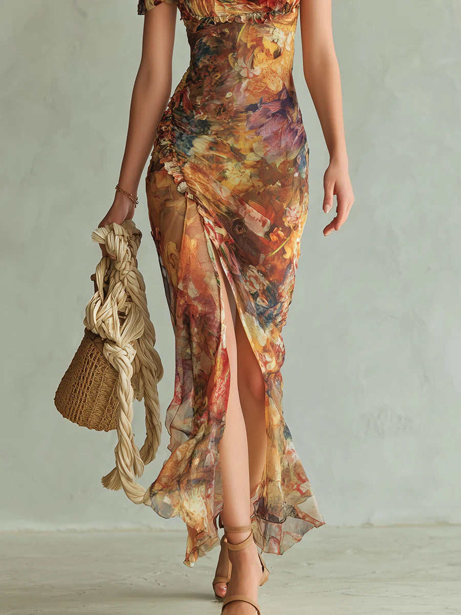 Robe Maxi Orange en Mousseline à Imprimé Peinture à l'Huile