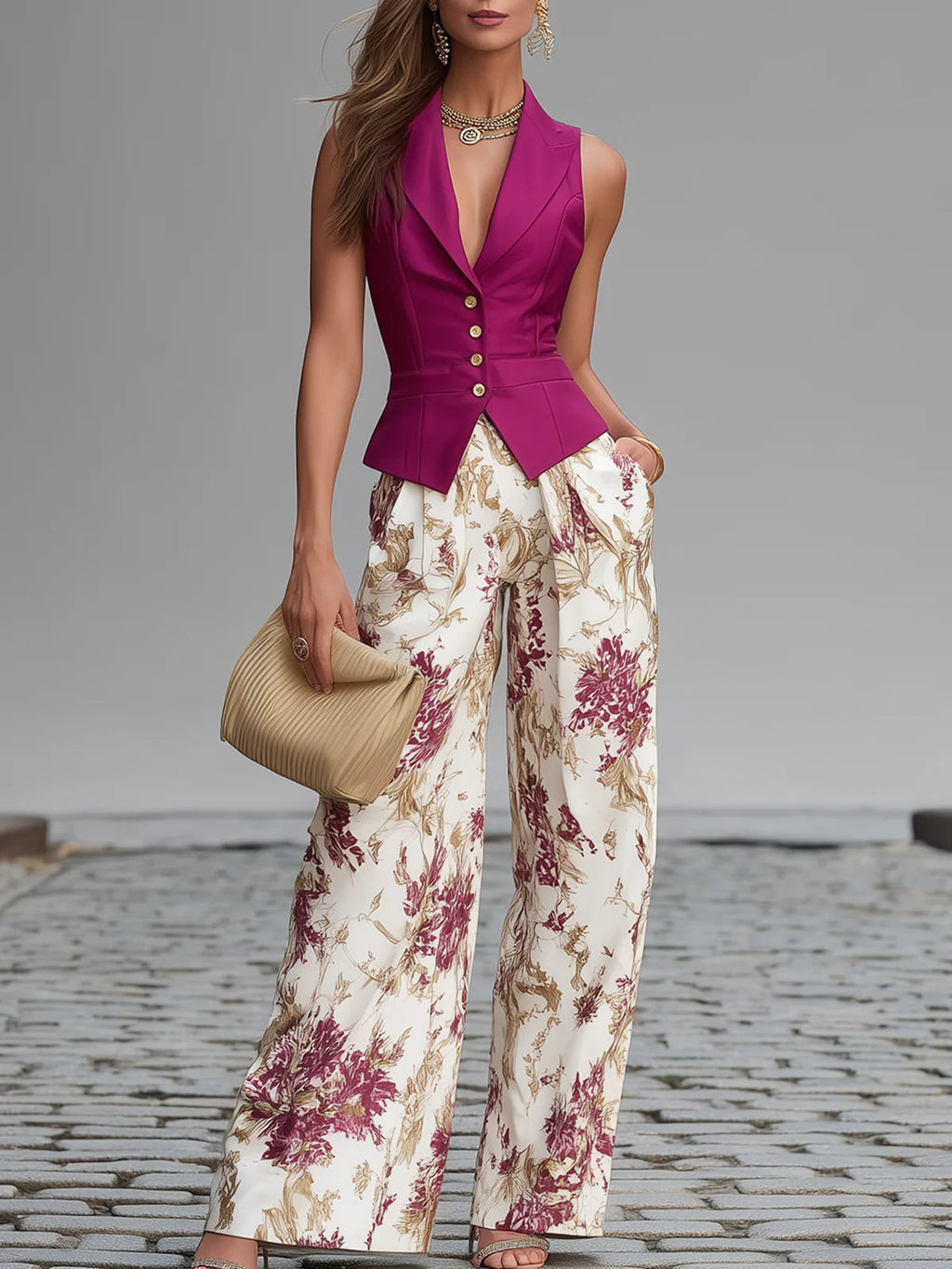 Ensemble Rose Gilet & Pantalon Large à Fleurs