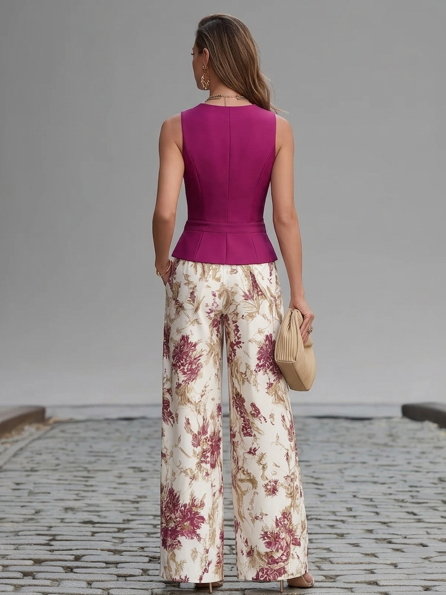 Ensemble Rose Gilet & Pantalon Large à Fleurs