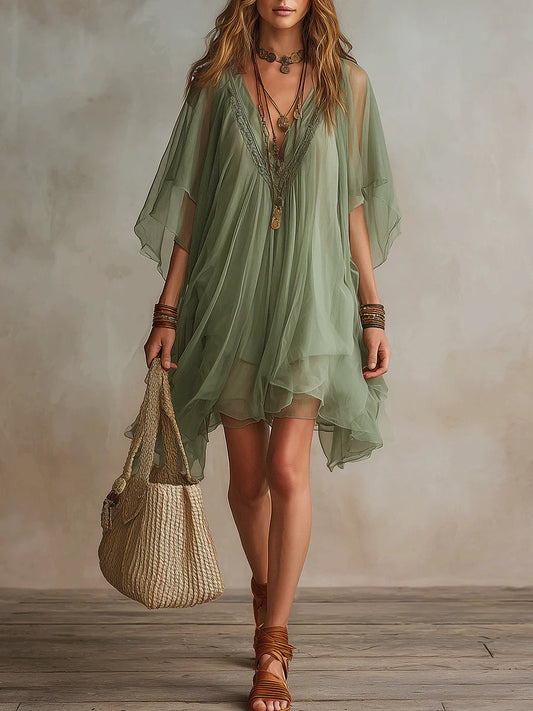 Robe Mini Fluide à Couches avec Décolleté en V Verte