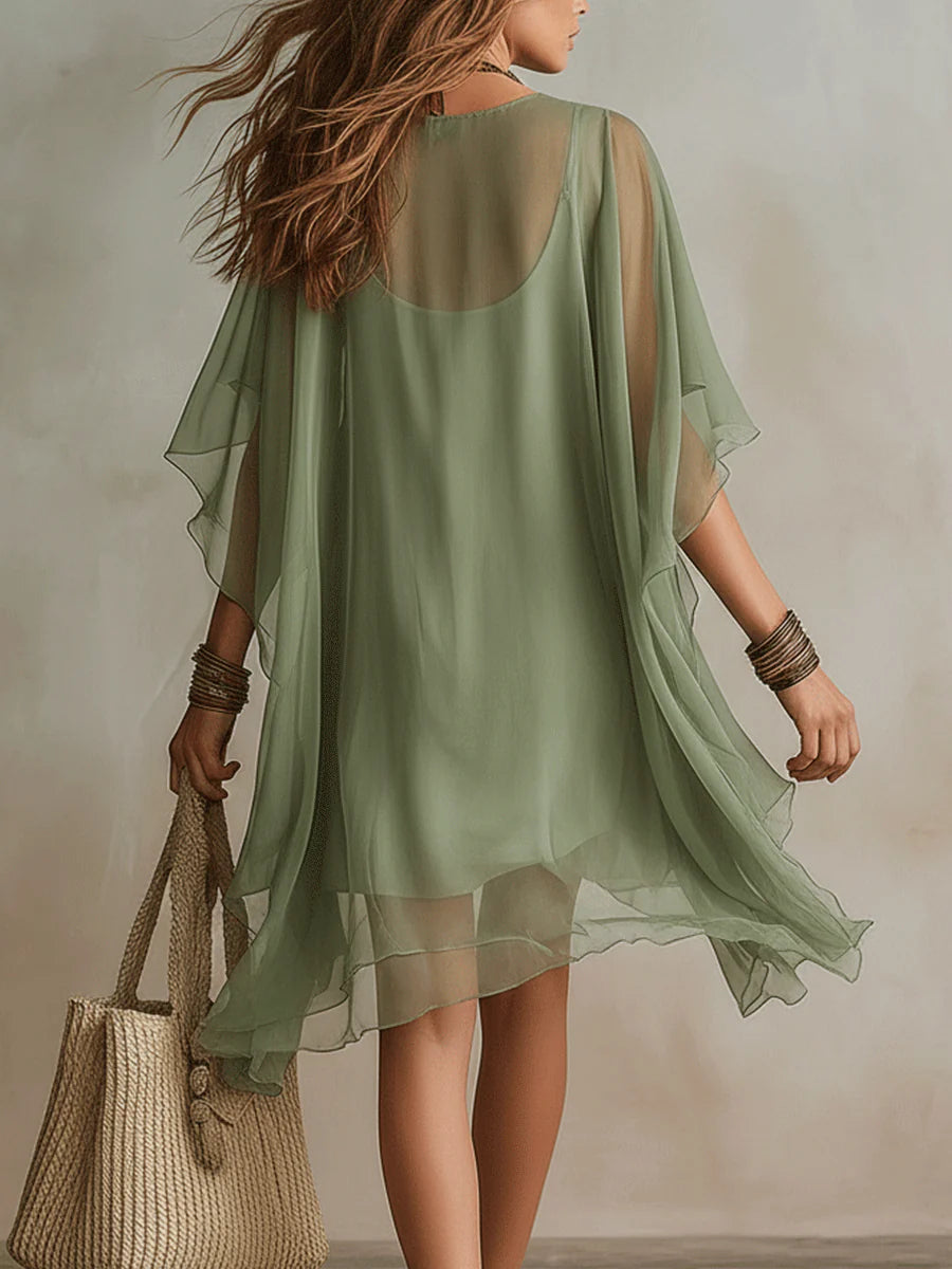 Mini Robe Verte Aérienne en Mousseline avec Décolleté en V